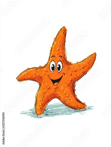 Cute Cartoon Orange Starfish Character With Smiling Face Standing Isolated On White Background