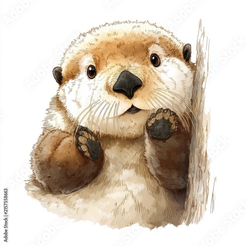 Cute Little Otter Peeking Over The Edge With Paws Up In Detailed Drawing Style On White Background