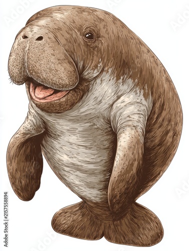 Detailed Brown Manatee Portrait Isolated On White Background With Pointillism Texture Artistic Style