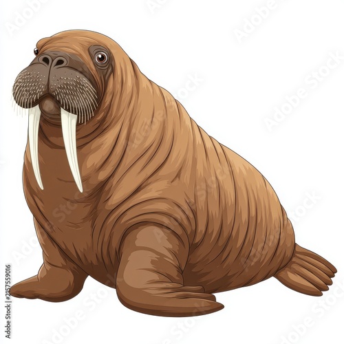 Full Body Illustration Of A Brown Walrus With Large Tusks Isolated On A Clean White Background