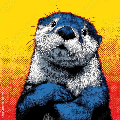 Graphic Pop Art Illustration Of A Cute Otter With Folded Arms Against A Vibrant Yellow Background