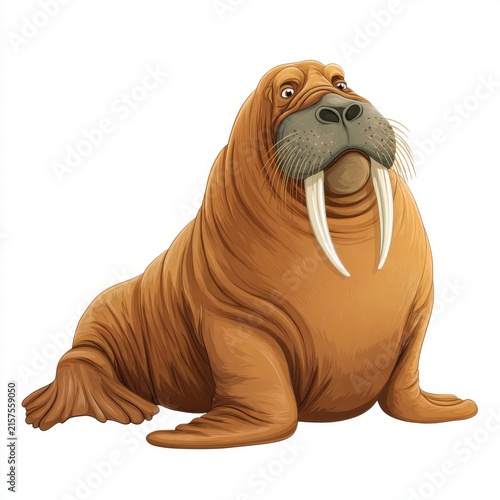 Illustration Of A Brown Walrus Sitting On A Plain White Background Featuring Long White Tusks