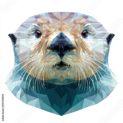 Low Poly Geometric Artistic Portrait Of A Sea Otter Head On A Clean White Isolated Background