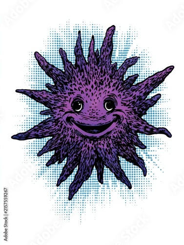 Spiky Purple Character With Smiling Face And Halftone Blue Texture Background