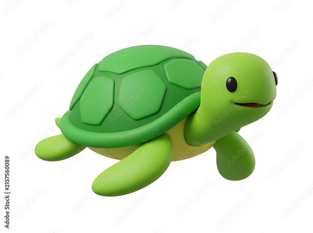 Obraz premium Cute 3D Turtle Character - Green Sea Tortoise Toy Render Isolated on White Background