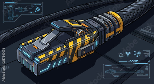Futuristic Ethernet cable connector with warning stripes and digital interface