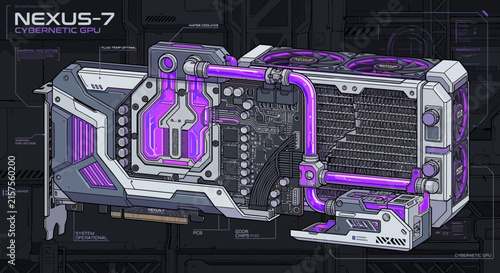 Cybernetic GPU Nexus-7 with purple liquid cooling system schematic