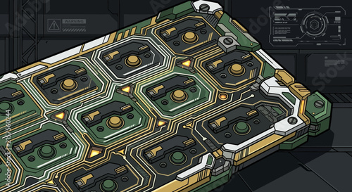 Futuristic Circuit Board with Hexagonal Components