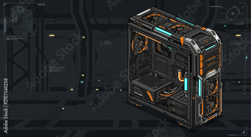 Futuristic computer case with internal components, digital illustration
