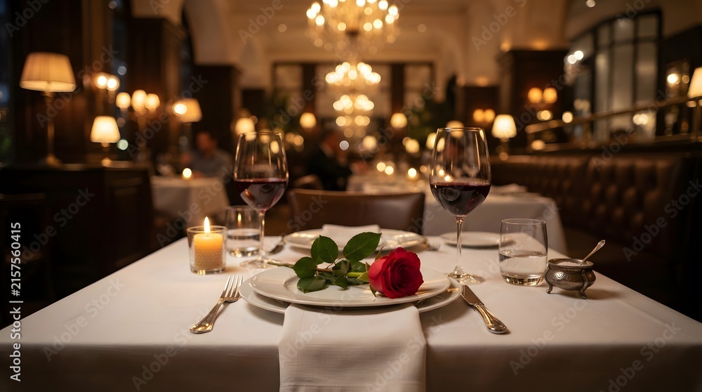 Fototapeta premium Romantic dinner table setting with red rose and wine in a luxury restaurant