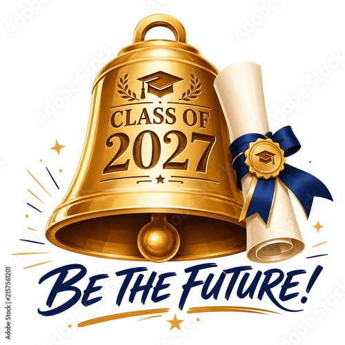 Class of 2027 Graduation Golden Bell and Diploma new year Concept,