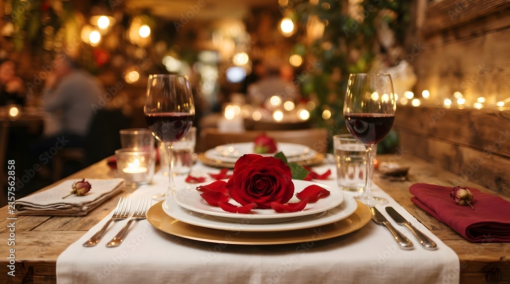 Fototapeta premium Romantic dinner table setting with red rose and wine glasses in a cozy restaurant