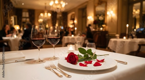 Romantic dinner table setting with red rose and wine glasses in a luxury restaurant