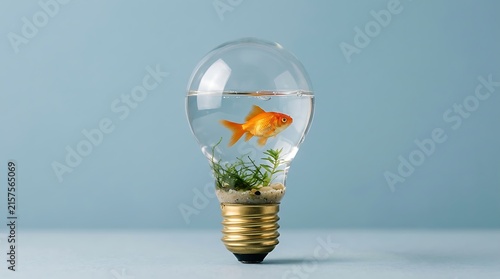 Goldfish swimming inside a glass light bulb aquarium on a blue background