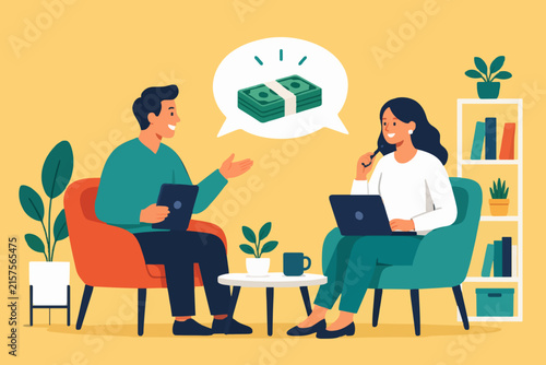 Financial advisor explaining money growth strategy to client in cozy office with bookshelf.