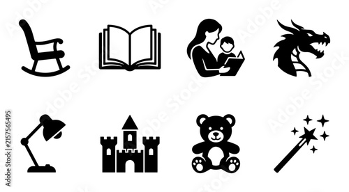 8 Children's Story Icons Silhouette Set, flat, for imagination and childhood themes