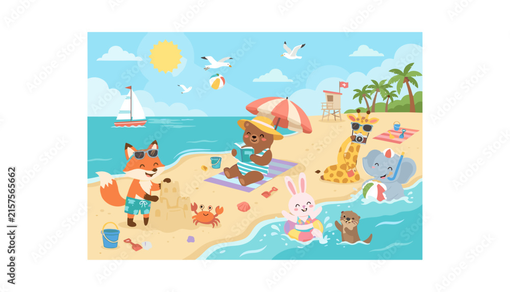 Fototapeta premium Cute cartoon animals enjoying summer beach vacation with bear fox rabbit giraffe elephant and ocean scenery vector illustration