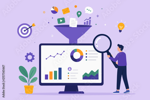 Comprehensive business intelligence dashboard displaying analytics and data funnel process.