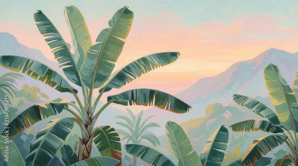 Fototapeta premium Tropical banana tree wallpaper with pastel tones. Exotic jungle landscape mural art shows large green leaves under soft sunset sky. Botanical summer background design features mountains, calm warm