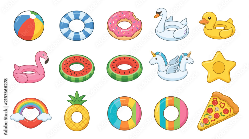 Obraz premium Inflatable Pool Float and Swim Ring Vector Icon Set with Fun Animal Fruit and Food Shapes for Summer Beach Vacation Graphic Designs