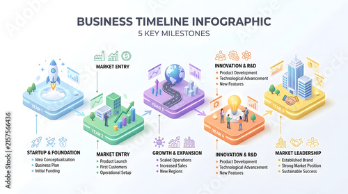 Business Timeline Infographic: A visually engaging infographic detailing five key business milestones, from startup and foundation to market leadership, presented in an isometric style.