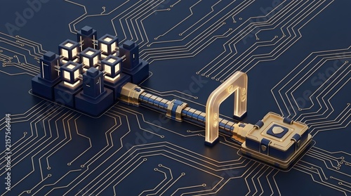 Enterprise hybrid cloud security 3D render encrypted tunnel bridge between local office node and remote data center endpoint with access control gate navy gold on dark macro