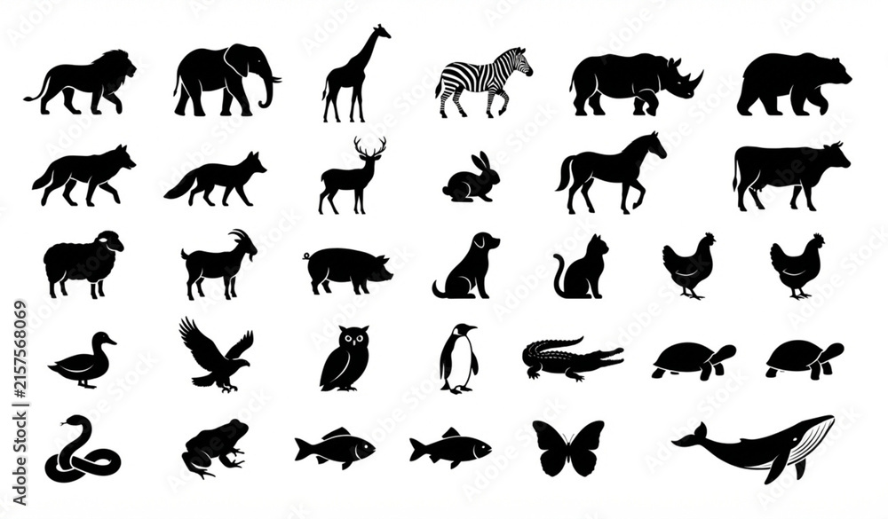 Fototapeta premium Diverse Animal Silhouettes Vector Set, Wildlife and Domestic Creature Icons