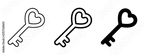 3 Heart Keys icon set, outline and solid, for love and romance concepts