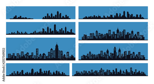 Set of city skyline silhouettes against blue background for design and editing