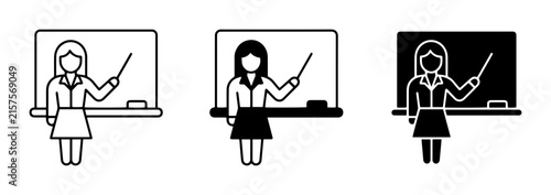 3 Teacher Icons with Pointer and Blackboard, Outline and Solid Styles, for Education Concepts