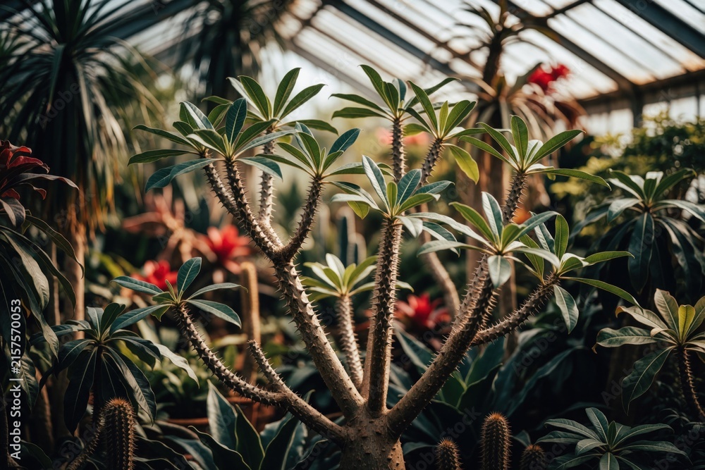Obraz premium Prickly Pachypodium plant with green leaves grows in a greenhouse. Thorny branches and exotic flora thrive amidst other Madagascan vegetation.