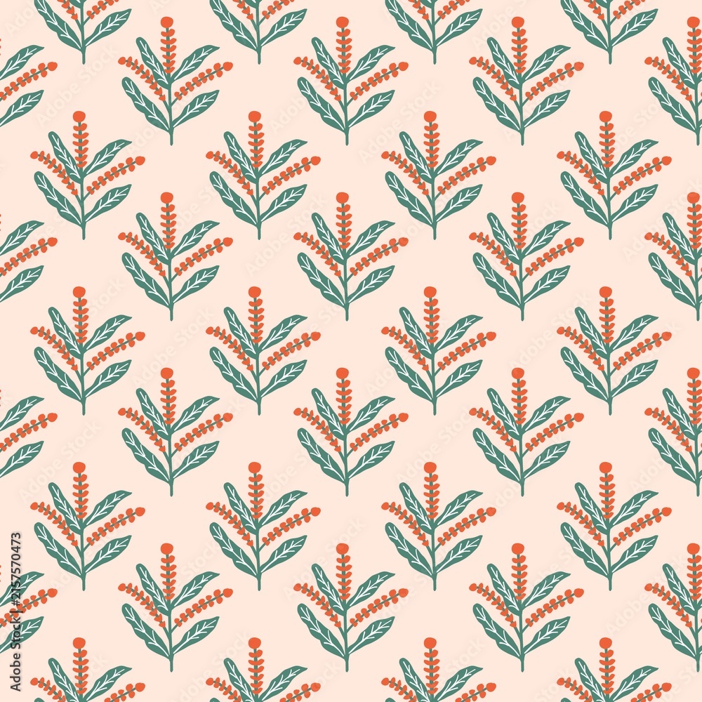 Fototapeta premium Seamless Botanical Pattern with Green Leaves and Orange Flowers on Cream Beige Background, Scandinavian Floral Repeat Illustration for Home Decor Wallpaper