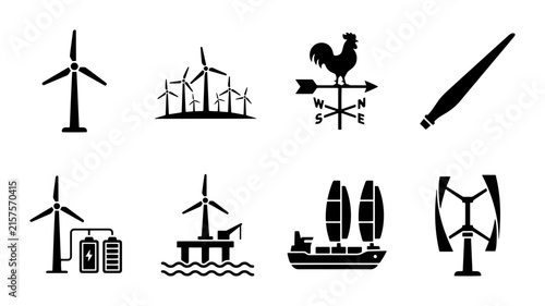 Cuadro en lienzo Energy icon set wind turbine, weather vane, ship outline, solid and color styles
