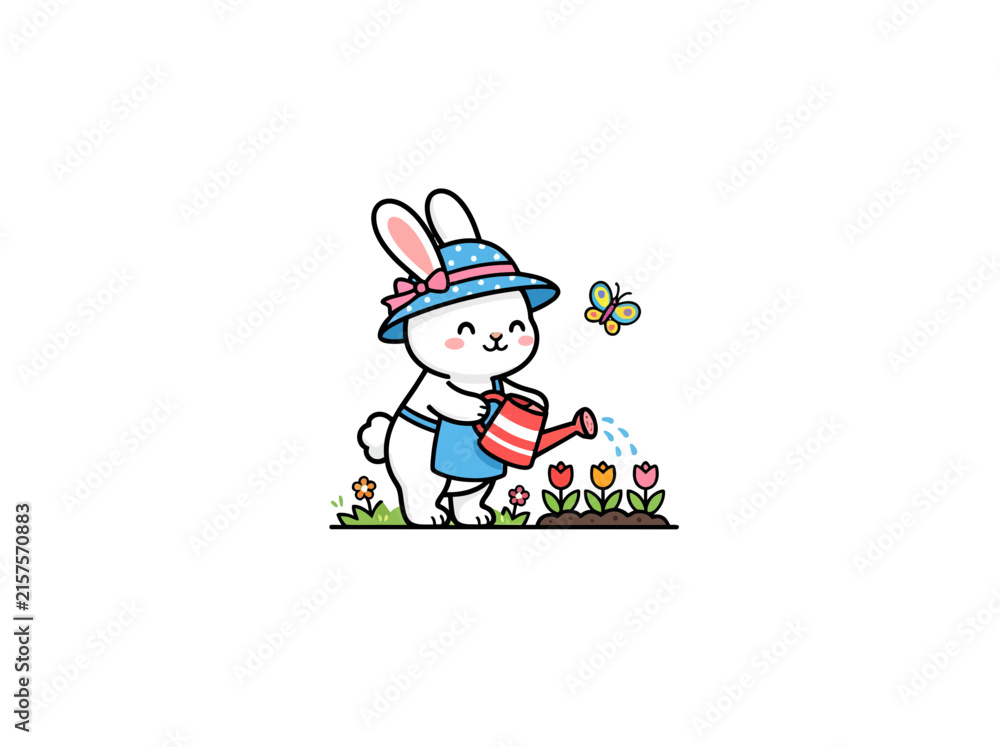 Fototapeta premium Cheerful White Bunny Wearing A Blue Polka Dot Hat And Apron Watering Red Yellow And Pink Tulips With A Red And White Watering Can Accompanied Vector Illustration