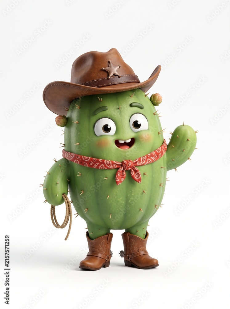 Fototapeta premium Cute Cactus Character Wearing Cowboy Outfit with Hat and Boots.