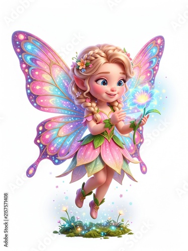 Colorful fairy with rainbow wings and magical sparkles.