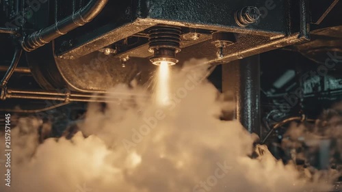 High pressure industrial nozzle spraying steam in a dark factory