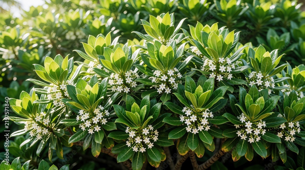 Fototapeta premium Bright green Scaevola Taccada plant with small white flowers grows in tropical garden. Rich foliage, exotic leaves create natural texture in sunlit outdoor setting. Beach naupaka shrub blooming under