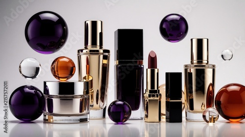Luxury cosmetic items, aethereal spheres create refined beauty display reaches out to purchaser with promises of elegance, sophistication. High-caliber glass, metal products exude style ambient