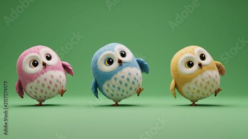 Three adorable colorful 3d owls performing a playful dance
