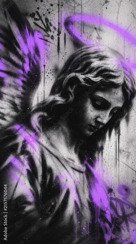 Fototapeta premium Graffiti angel with purple accents on textured wall mobile wallpaper
