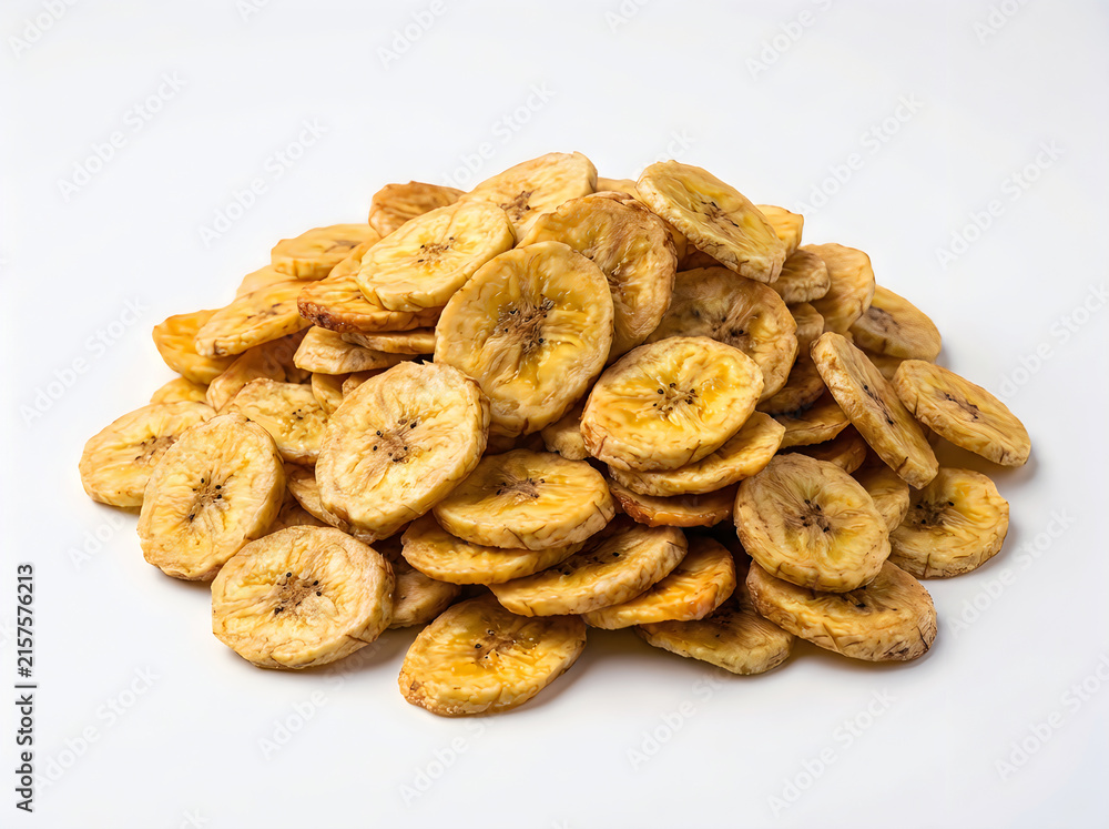 Fototapeta premium A heap of crispy dried banana chips, isolated on white background, banana, chips, dried, fruit, snack, crispy