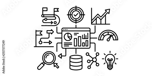 Business analytics dashboard line icon with project roadmap, target board, database, performance meter, and growth chart
