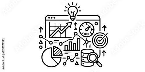 KPI performance dashboard line icon with business growth chart idea bulb target board database and magnifying glass