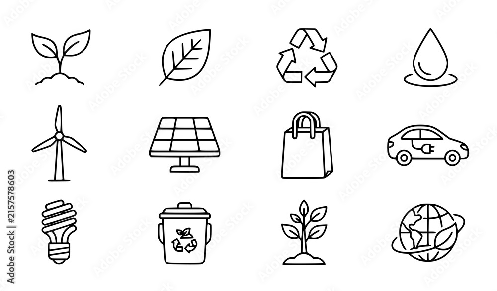 Fototapeta premium Ecology sustainability environmental thin line icon set black white vector illustration