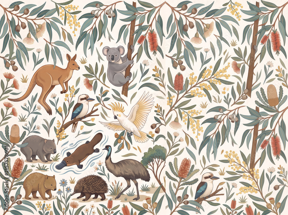 Obraz premium Diverse australian native animals and plants creating a vibrant, decorative seamless pattern for design projects