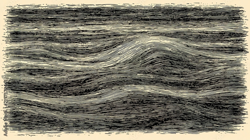 A black and white abstract illustration with wavy lines on a beige background