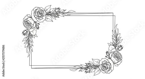 Hand drawn floral frame with roses and leaves in a sketch style
