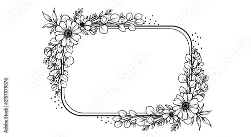 Hand drawn floral frame border with daisies leaves and decorative dots for elegant design