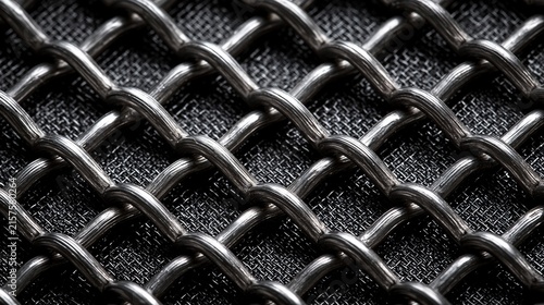 A close-up view of a black chain link fabric with a textured background